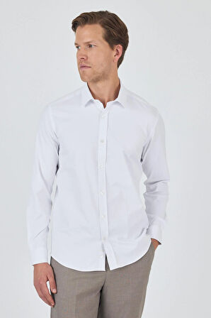 Uzun Kol Düz Bez Ayağı Sert Yaka Cepsiz Pamuklu Classic Slim Fit Gömlek 1004250211