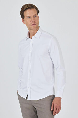 Uzun Kol Düz Bez Ayağı Sert Yaka Cepsiz Pamuklu Classic Slim Fit Gömlek 1004250211