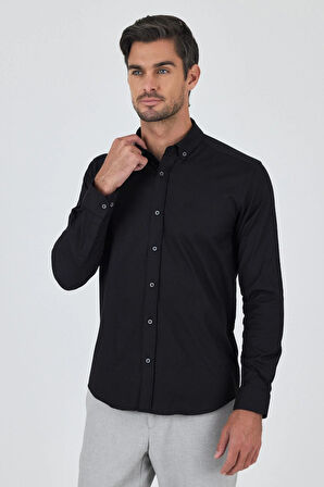 Uzun Kol Düz Bez Ayağı Düğmeli Yaka Cepsiz Pamuklu Casual Slim Fit Gömlek 1004250212
