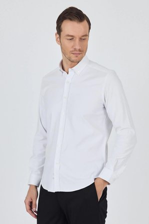 Uzun Kol Düz Bez Ayağı Düğmeli Yaka Cepsiz Pamuklu Casual Slim Fit Gömlek 1004250212