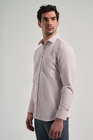 Bej Sert Yaka Düz Classic Pamuklu Comfort Fit Gömlek 1004250213