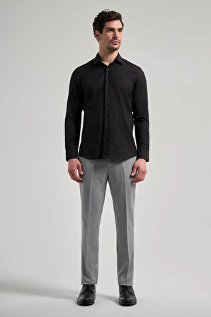 Siyah Sert Yaka Düz Classic Pamuklu Slim Fit Gömlek 1004250214