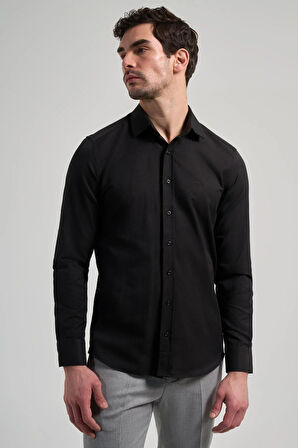 Siyah Sert Yaka Düz Classic Pamuklu Slim Fit Gömlek 1004250214