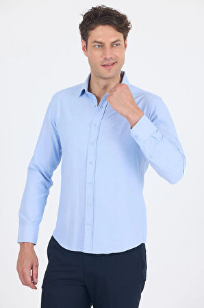 Mavi Sert Yaka Düz Classic Pamuklu Slim Fit Gömlek 1004250214