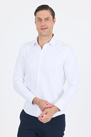 Beyaz Sert Yaka Düz Classic Pamuklu Slim Fit Gömlek 1004250214