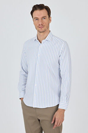 Koyu Mavi Yarım İtalyan Yaka Çizgili Desen Casual Slim Fit Gömlek 1004250216