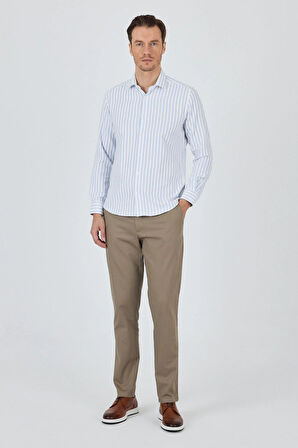 Koyu Mavi Yarım İtalyan Yaka Çizgili Desen Casual Slim Fit Gömlek 1004250216