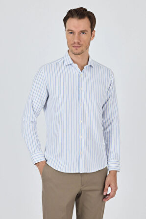 Koyu Mavi Yarım İtalyan Yaka Çizgili Desen Casual Slim Fit Gömlek 1004250216