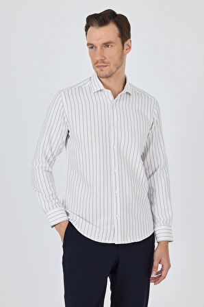 Açık Bej Yarım İtalyan Yaka Çizgili Desen Casual Slim Fit Gömlek 1004250216