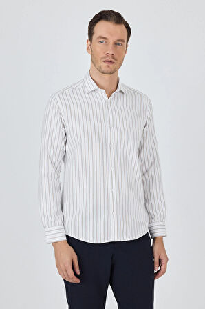 Açık Bej Yarım İtalyan Yaka Çizgili Desen Casual Slim Fit Gömlek 1004250216