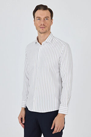 Açık Bej Yarım İtalyan Yaka Çizgili Desen Casual Slim Fit Gömlek 1004250216