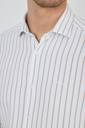 Açık Bej Yarım İtalyan Yaka Çizgili Desen Casual Slim Fit Gömlek 1004250216