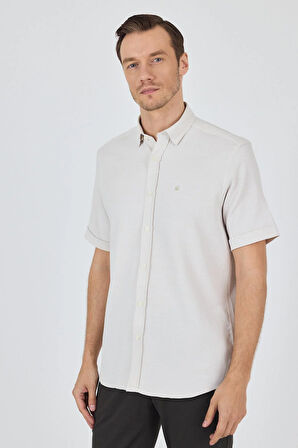 Krem Biritli Yaka Düz Casual Pamuklu Comfort Fit Gömlek 1004250221