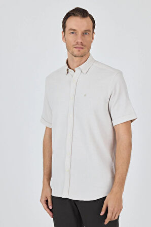 Krem Biritli Yaka Düz Casual Pamuklu Comfort Fit Gömlek 1004250221