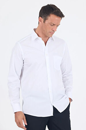 Beyaz Sert Yaka Uzun Kol Cepli Comfort Fit %100 Pamuk Gömlek 1004250222