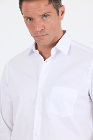 Beyaz Sert Yaka Uzun Kol Cepli Comfort Fit %100 Pamuk Gömlek 1004250222
