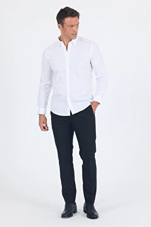 Beyaz Smart Biritli Yaka Cepsiz Bez Ayağı Uzun Kol Slim Fit %100 Pamuk Gömlek 1004250223