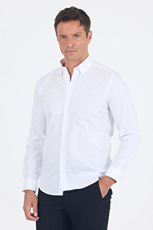 Beyaz Smart Biritli Yaka Cepsiz Bez Ayağı Uzun Kol Slim Fit %100 Pamuk Gömlek 1004250223