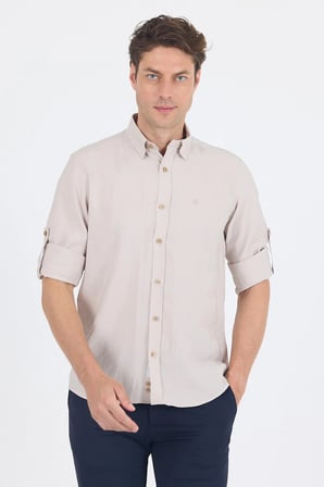 Bej Kısalabilir Kol Smart Biritli Yaka Cepsiz  Slim Fit  Gömlek 1004250224