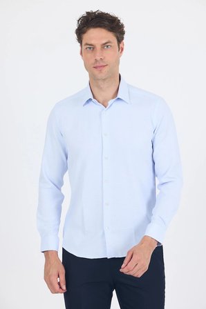 Koyu Mavi Uzun Kol Sert Yaka Cepsiz  Slim Fit Pamuklu Gömlek 1004250225