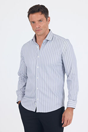 Koyu Lacivert Uzun Kol Yarım İtalyan Yaka Cepsiz Easy To Iron Slim Fit Esnek Gömlek 1004250227