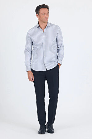 Koyu Lacivert Uzun Kol Yarım İtalyan Yaka Cepsiz Easy To Iron Slim Fit Esnek Gömlek 1004250227