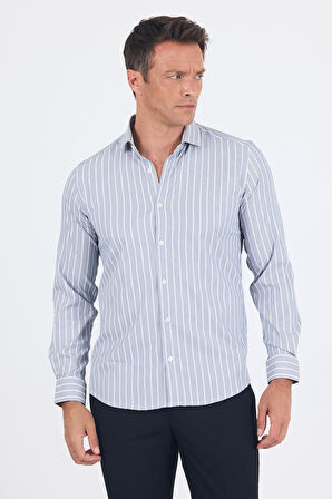 Koyu Lacivert Uzun Kol Yarım İtalyan Yaka Cepsiz Easy To Iron Slim Fit Esnek Gömlek 1004250227