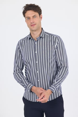 Koyu Lacivert Uzun Kol Yarım İtalyan Yaka Cepsiz Easy To Iron Slim Fit Esnek Gömlek 1004250228