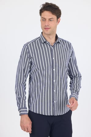 Koyu Lacivert Uzun Kol Yarım İtalyan Yaka Cepsiz Easy To Iron Slim Fit Esnek Gömlek 1004250228