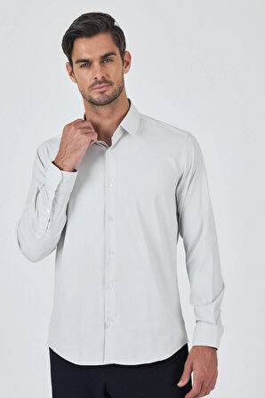 Beyaz Sert Yaka Cepsiz Gabardin Uzun Kol Slim Fit Esnek Gömlek 1004250229