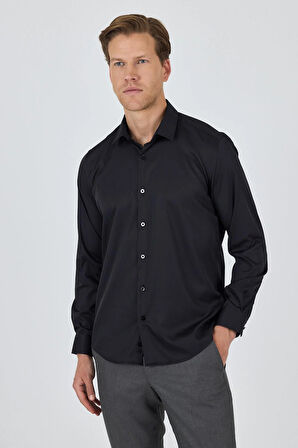 Siyah Sert Yaka Cepsiz Gabardin Uzun Kol Slim Fit Esnek Gömlek 1004250234
