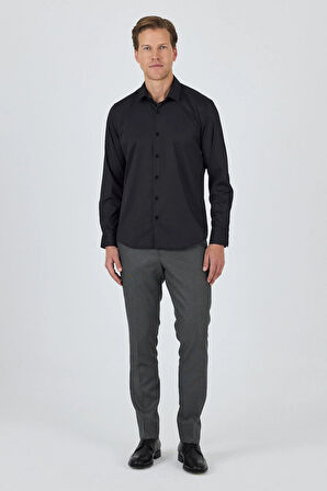 Siyah Sert Yaka Cepsiz Gabardin Uzun Kol Slim Fit Esnek Gömlek 1004250234