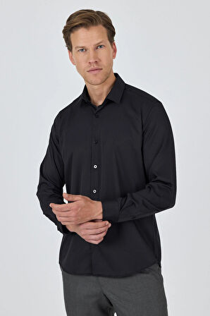 Siyah Sert Yaka Cepsiz Gabardin Uzun Kol Slim Fit Esnek Gömlek 1004250234