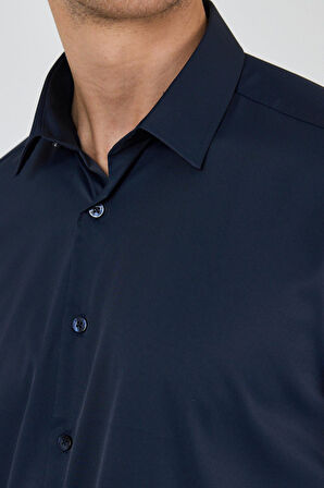 Koyu Lacivert Sert Yaka Cepsiz Gabardin Uzun Kol Slim Fit Esnek Gömlek 1004250234