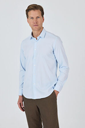 Koyu Mavi Sert Yaka Cepsiz Gabardin Uzun Kol Slim Fit Esnek Gömlek 1004250234