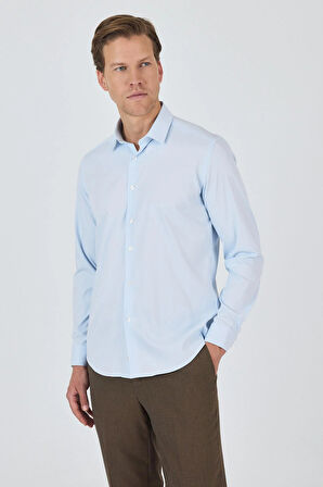 Koyu Mavi Sert Yaka Cepsiz Gabardin Uzun Kol Slim Fit Esnek Gömlek 1004250234
