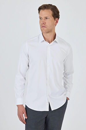 Beyaz Sert Yaka Cepsiz Gabardin Uzun Kol Slim Fit Esnek Gömlek 1004250234