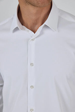 Beyaz Sert Yaka Cepsiz Gabardin Uzun Kol Slim Fit Esnek Gömlek 1004250234