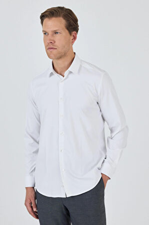 Beyaz Sert Yaka Cepsiz Gabardin Uzun Kol Slim Fit Esnek Gömlek 1004250234