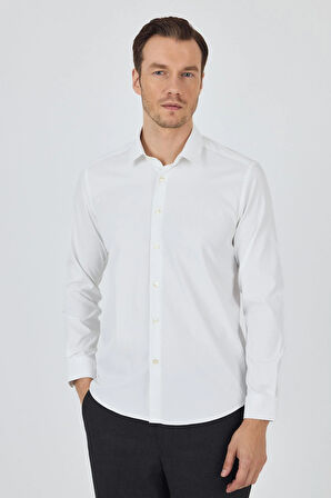 Açık Krem Sert Yaka Cepsiz Gabardin Uzun Kol Slim Fit Esnek Gömlek 1004250234