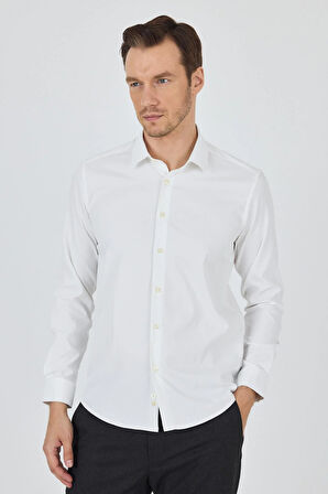 Açık Krem Sert Yaka Cepsiz Gabardin Uzun Kol Slim Fit Esnek Gömlek 1004250234