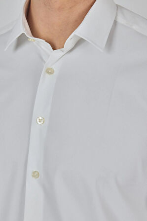 Açık Krem Sert Yaka Cepsiz Gabardin Uzun Kol Slim Fit Esnek Gömlek 1004250234