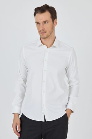 Açık Krem Sert Yaka Cepsiz Gabardin Uzun Kol Slim Fit Esnek Gömlek 1004250234