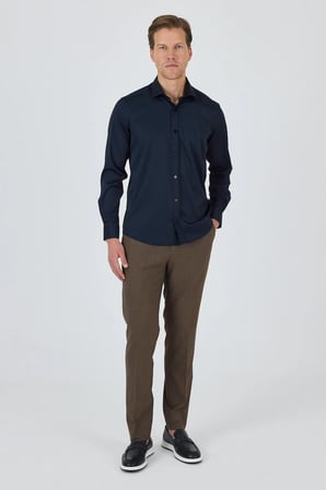 Siyah Yarım İtalyan Yaka Cepsiz Gabardin Uzun Kol Slim Fit Esnek Gömlek 1004250235