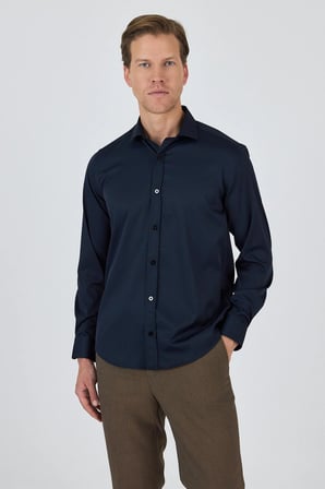 Siyah Yarım İtalyan Yaka Cepsiz Gabardin Uzun Kol Slim Fit Esnek Gömlek 1004250235