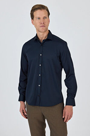 Siyah Yarım İtalyan Yaka Cepsiz Gabardin Uzun Kol Slim Fit Esnek Gömlek 1004250235