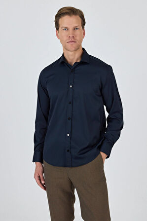 Siyah Yarım İtalyan Yaka Cepsiz Gabardin Uzun Kol Slim Fit Esnek Gömlek 1004250235