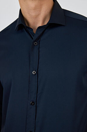 Siyah Yarım İtalyan Yaka Cepsiz Gabardin Uzun Kol Slim Fit Esnek Gömlek 1004250235