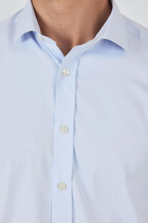 Koyu Mavi Yarım İtalyan Yaka Cepsiz Gabardin Uzun Kol Slim Fit Esnek Gömlek 1004250235