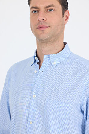 Koyu Mavi Uzun Kol Smart Düğmeli Yaka Cepli  Comfort Fit %100 Pamuk Gömlek 1004250236